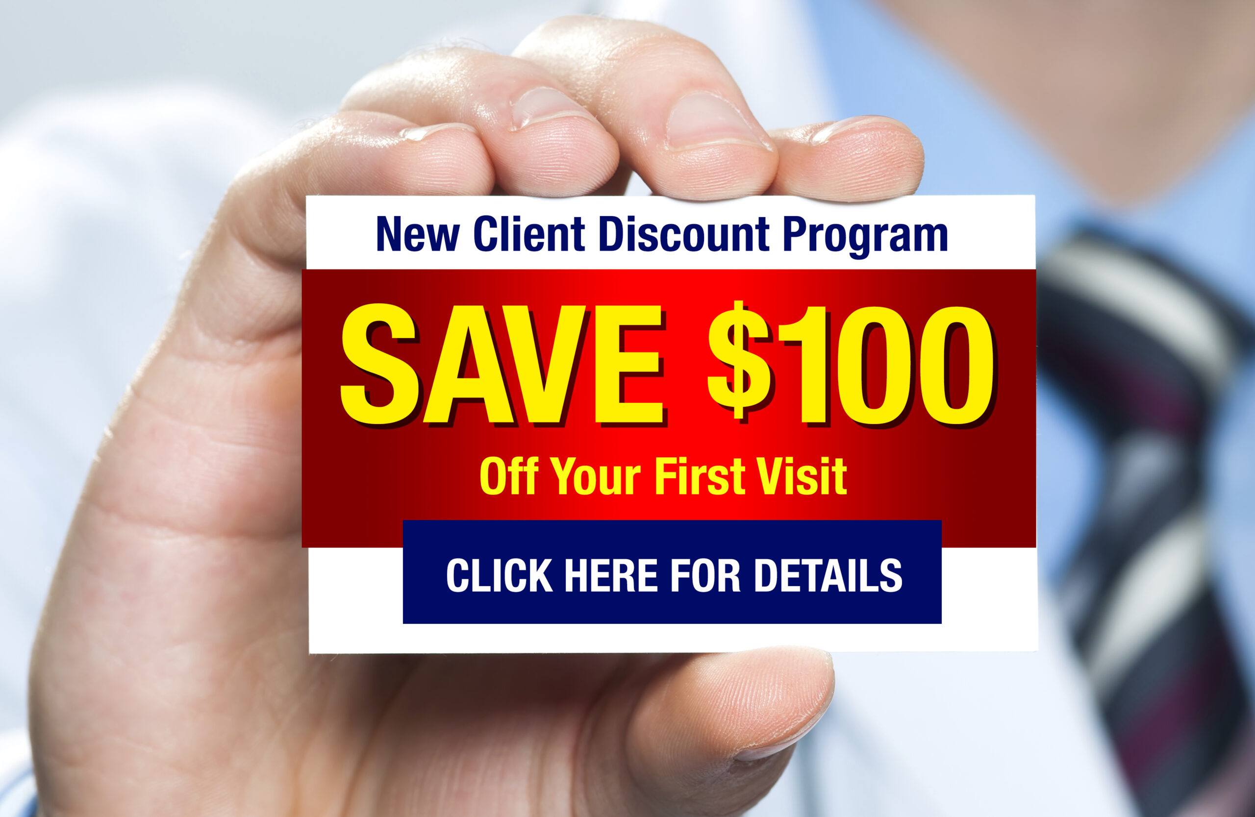 doctor holds a card that reads "new clients save $100